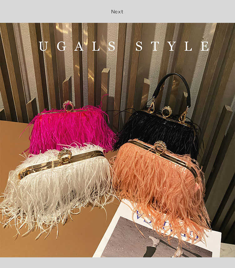 Luxury Designer Ostrich Feather Women's Handbag Rhinestone Diamond Evening Bag Dinner Party Clutch Purse Shoulder Crossbody Bag 230508