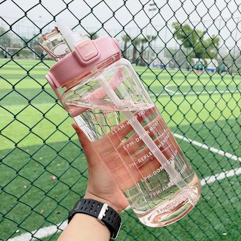 New 2 Liter Sports Water Bottle with Straw Men Women Fitness Water Bottles Outdoor Cold Water Bottlesc with Time Marker Drinkware