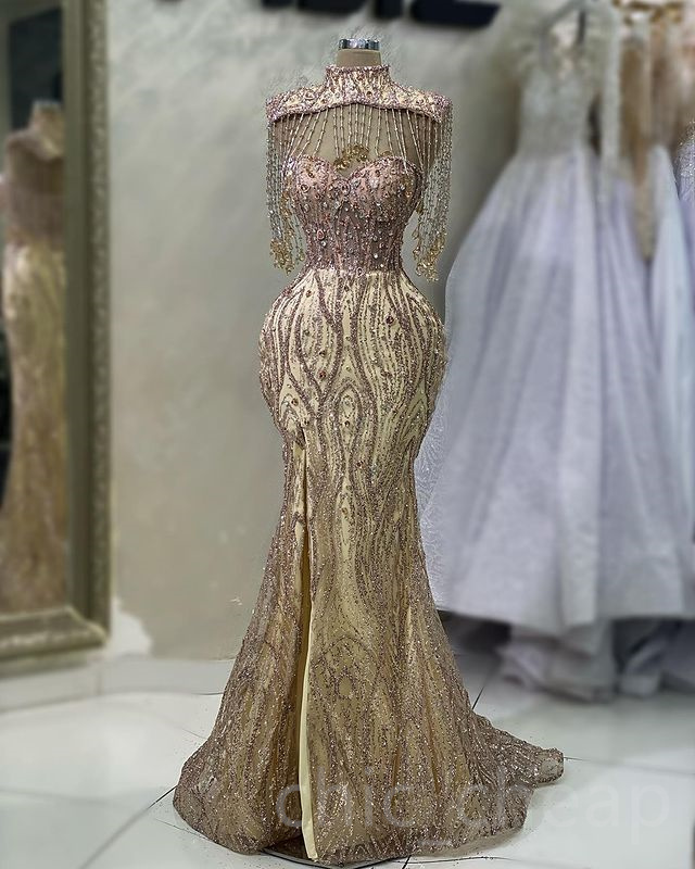 2023 Mai Aso Ebi Or Sirène Robe De Bal Perlé Cristaux Luxueux Soirée Formelle Deuxième Réception Anniversaire Robes De Fiançailles Robe Robe De Soirée ZJ188