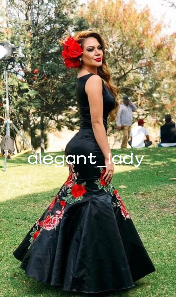 Mexican Charro Mermaid Prom Occasion Dresses Black 2023 Floral Embroidery Cap Sleeve Bateau Zipper Evening Graduation Gown