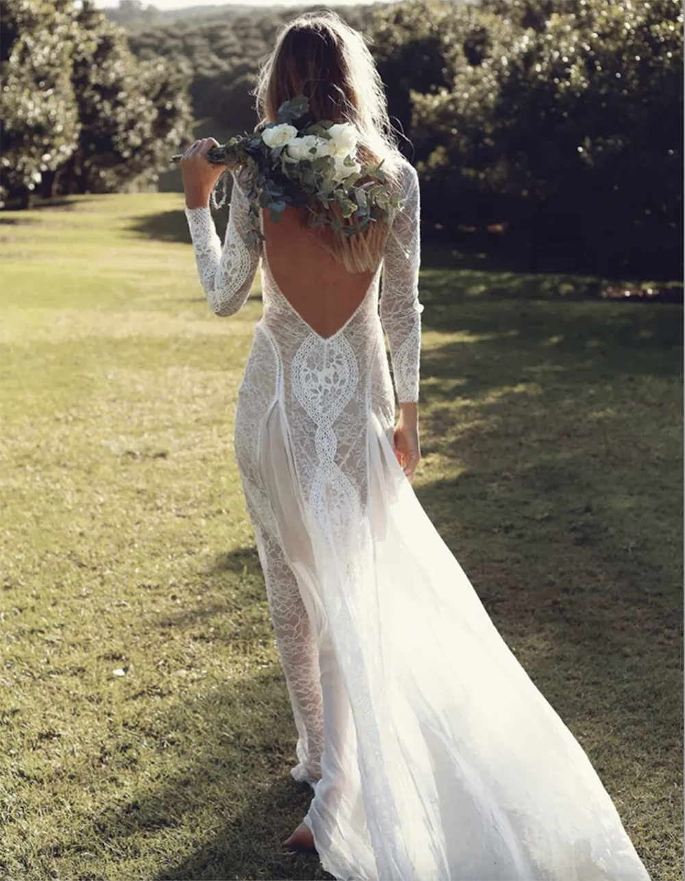 Robe de mariée en dentelle exquise, style Boho Chic, manches longues, dos nu, robe de mariage d'été, nouvelle collection