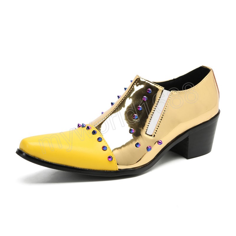 Sapatos masculinos feitos à mão, sapatos de vestido de couro dourado, saltos de 6 cm de calcanhares deslizam em sapatos de casamento de festas de negócios!