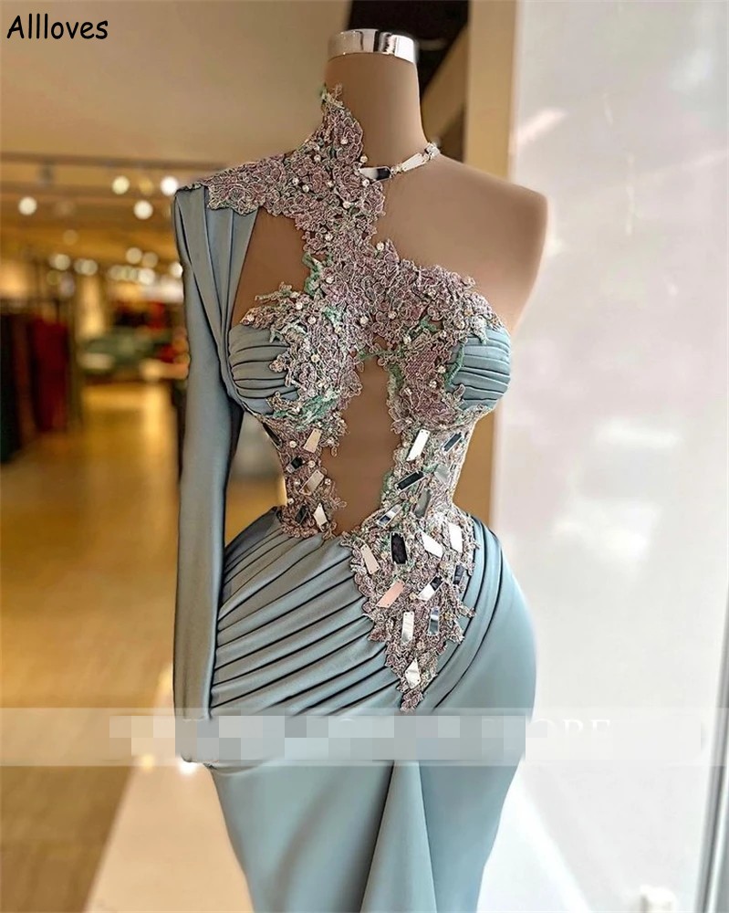 Abiti da sera a maniche lunghe monospalla Sage Unique le donne Abiti da ballo a sirena pieghettati con strass in pizzo Abiti da cerimonia sexy con scollo a barchetta Robe de Soiree CL2244