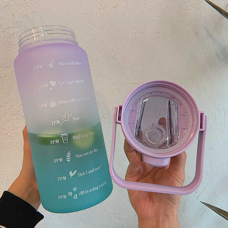 New 2l Water Bottle Straw Cup Time Scale Couple Water Cup Large Capacity Student Fitness Cup Outdoor Sports Portable Travel Bottle