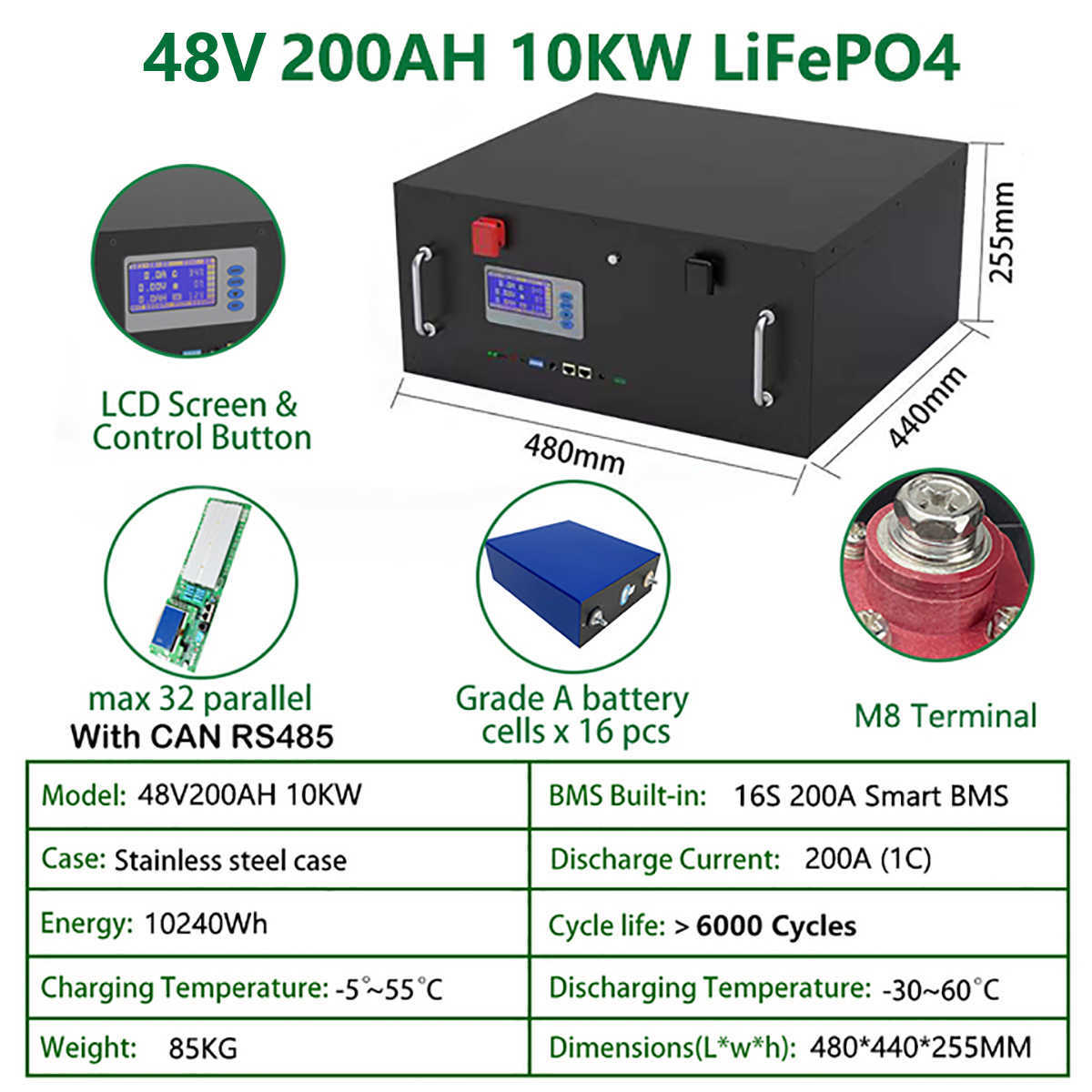 48V 200AH 10KW LiFePO4 Batteriepack 100AH Lithium Batterie 6000+ Zyklen Max. 32 Parallel RS485 CAN Für Solar Off/On Grid Wechselrichter