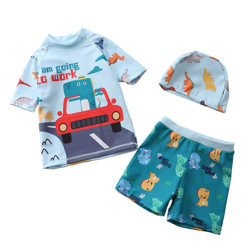 Children's Swimwear 2023 Baby Boy Swimwear met Cap Surf Surf Wear Dinosaur Shark zwempak zwempak peuter kinderen zonnebrandbadbadenpak P230509