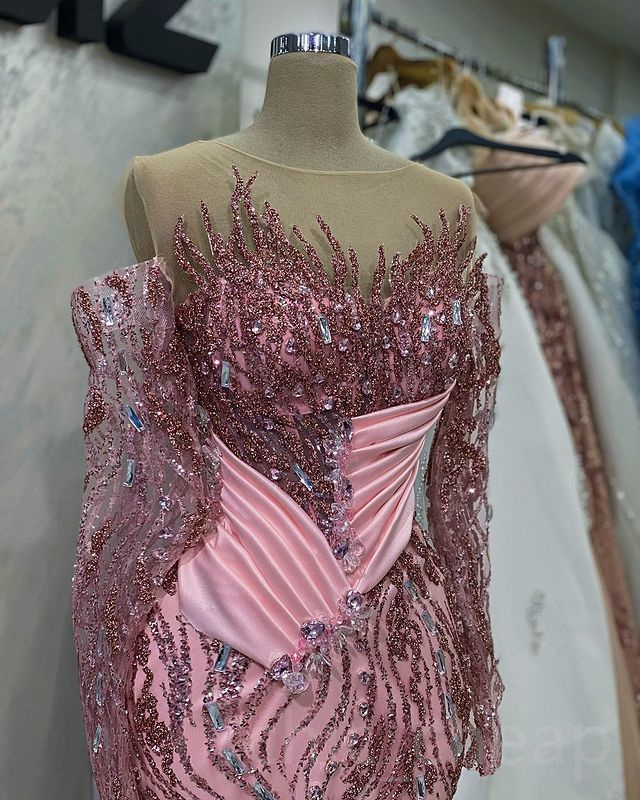 Aso Ebi 2023 Arabic Pink Mermaid Prom Dress Beaded Crystals Evening Formal Party Second Reception Birthday Engagement Gowns Dresses Women Robe de Soiree SH0142