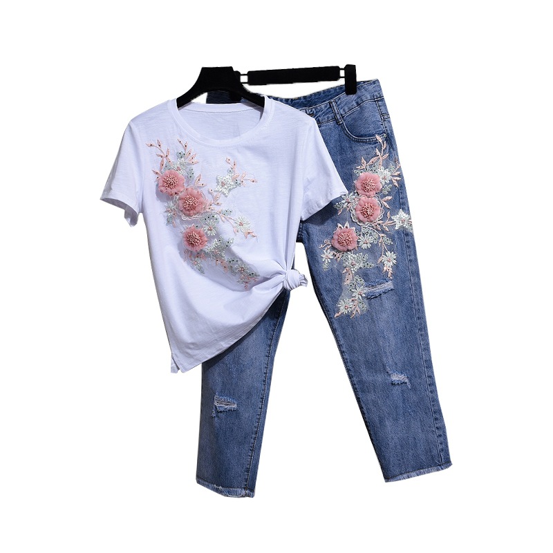 Женские брюки для брюк джинсовая вышивка Трехмерная футболка с коротким рукава
