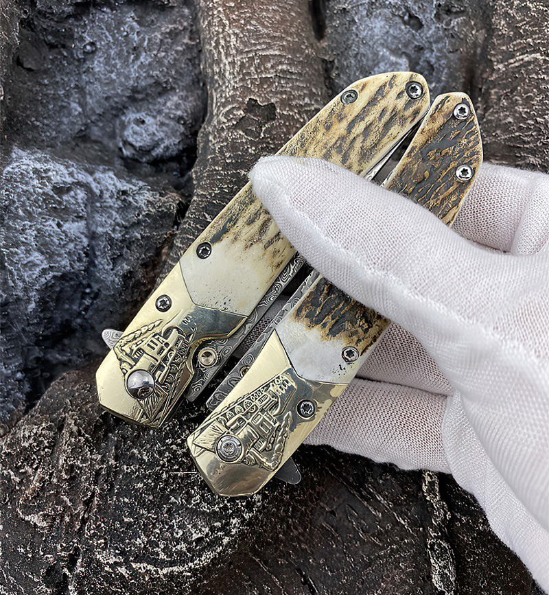 Special Offer A1963 Flipper Folding Knife VG10 Damascus Steel Drop Point Blade Deer Horn with Brass Head Handle Outdoor Camping Hiking EDC Pocket Knives