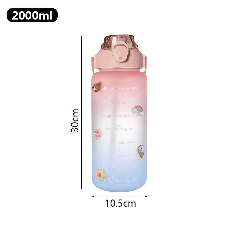 New 2l Large Capacity Water Bottle Sports Water Bottle with Time Mark Gradient Color Plastic Outdoor Fitness Sports Water Bottle