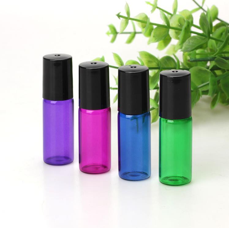 5 ml 1/6oz Amber Green Paarse blauw glazen rol op flessen Essentiële olie lege parfumfles met roestvrijstalen rollers bal SN767