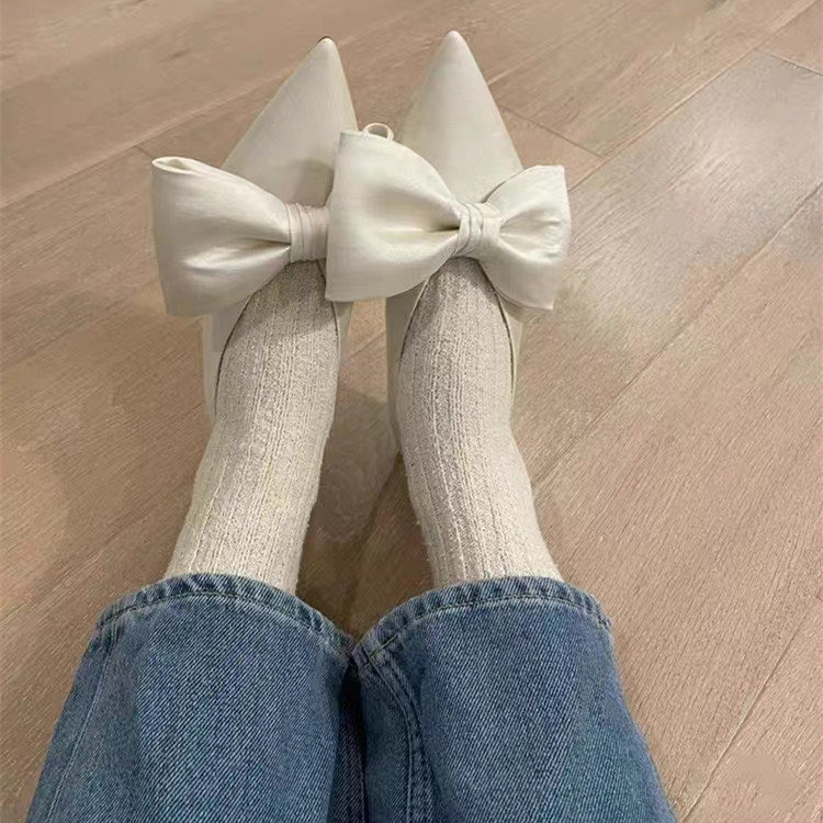 Denim Slip On Single Shoes Women 2023 New Niche Pointed Toe Big Bow Flat Shoes For Women