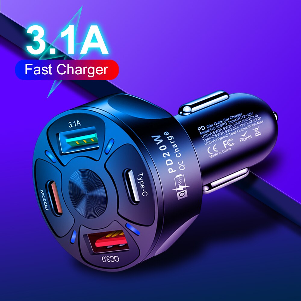 Round Dual USB autolader snel opladen USB Type C Fast Charger PD QC3.0 voor Samsung iPhone 12 13 14 Adapter