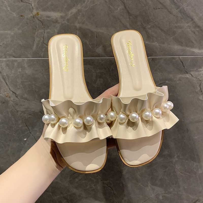 Slippers 2022 Summer New Flat Bottom Pearl Pleated Slippers Feminino Plus Size Lotus Lace Sandals and Slippers G230509