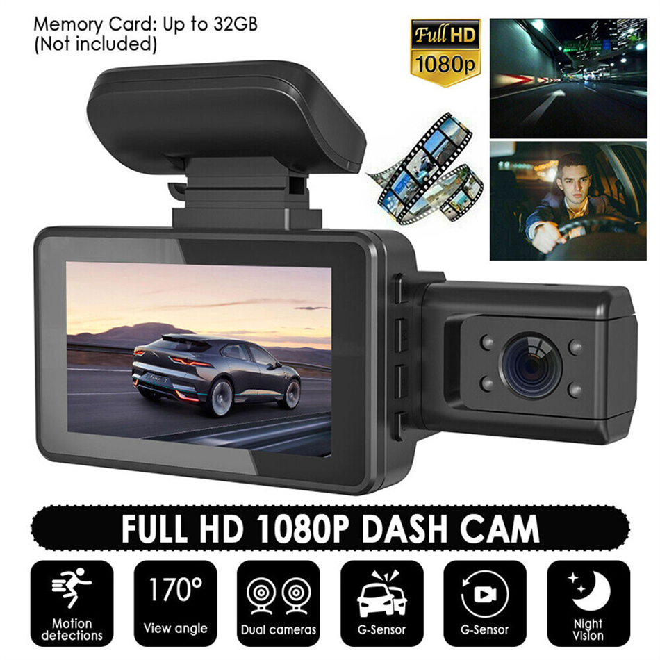 3-tums Dash Cam HD 1080p bil DVR-kamera 170 ° Wide Vinle Night Vision Video Recorders Loop Recording Car Camera Way med G-Sensor F9