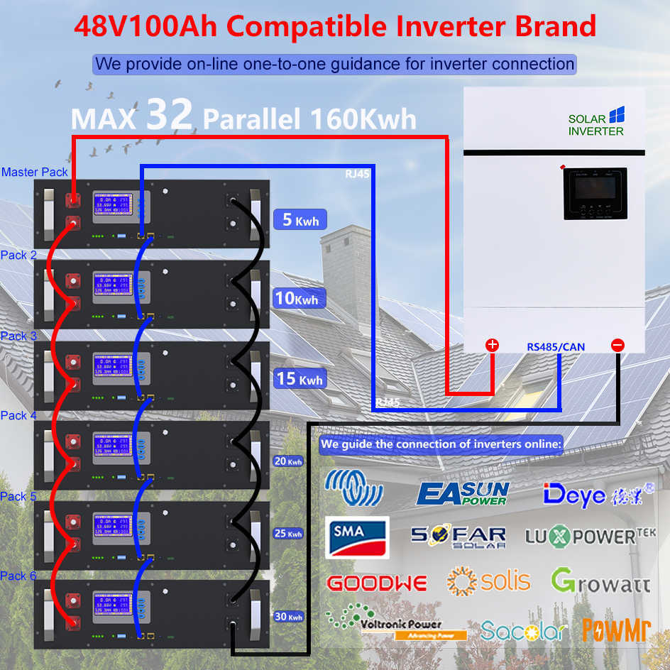 Batteria 48V 100Ah 200Ah LiFePO4 51.2V 5.12Kw 6000 cicli 32 paralleli CAN RS485 BUS Batteria agli ioni di litio con capacità del 108% NESSUNA IMPOSTA