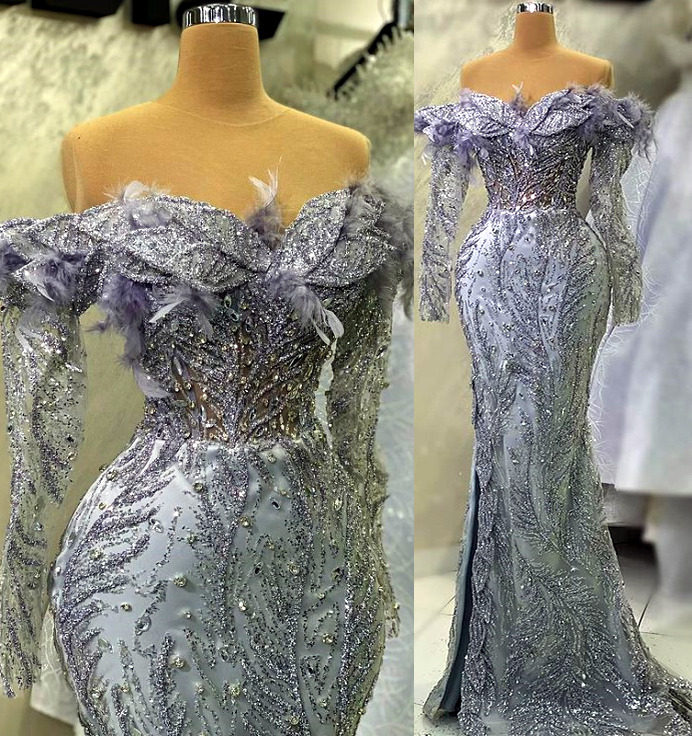 Aso Ebi 2023 Arabic Silver Mermaid Prom Dress Crystals Feather Beaded Evening Formal Party Second Reception Birthday Engagement Gowns Dresses Robe de Soiree SH0149