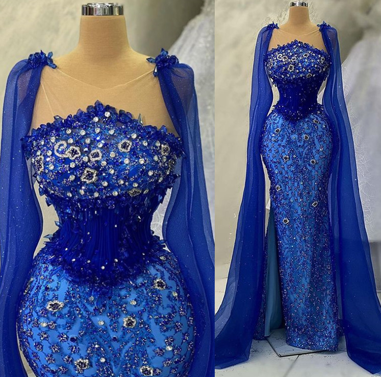 Aso Ebi 2023 Arabic Crystals Beaded Prom Dress Royal Blue Mermaid Evening Formal Party Second Reception Birthday Engagement Gowns Dresses Robe de Soiree SH0150