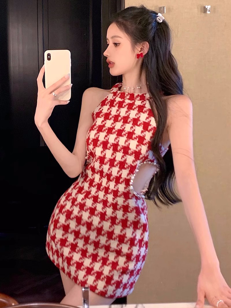 Kvinnors röda Houndstooth Grid Print Casual Dresses Ärmlös stickad midja Cutout Rhinestone lappad Bodycon Tunic Short Vestidos