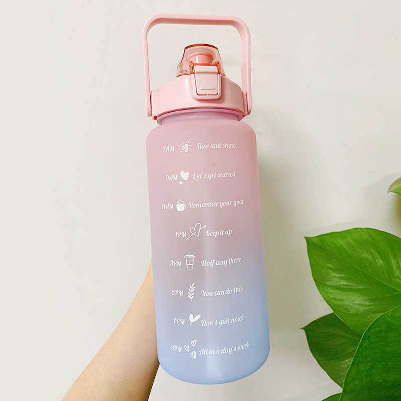 New 2L Large Capacity Water Bottle With Bounce Cover Time Scale Reminder Frosted Cup With Cute Stickers For Outdoor Sports Fitness