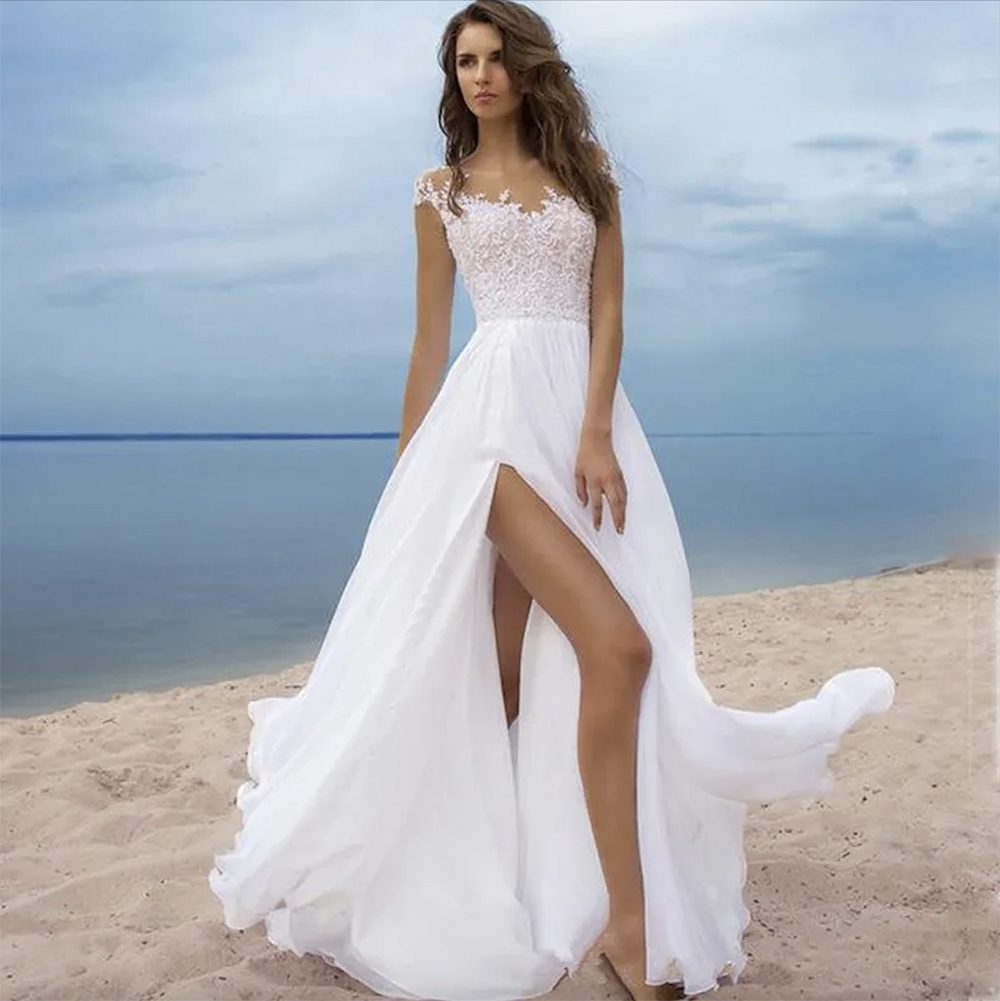 Sexy Plus Size Pays Robes De Mariée Une Ligne Cap Manches Robes De Mariée Blanc Dentelle Dos Nu Plage Robe De Mariée Sur Mesure