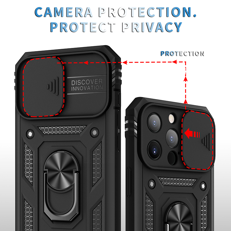 iPhone 15 Pro Max 14 Plus 13 12 11 Promax 슬라이드 카메라 커버 자기 갑옷 충격 방지 전화 케이스 쉘 용 링 홀더 킥 스탠드 휴대 전화 케이스