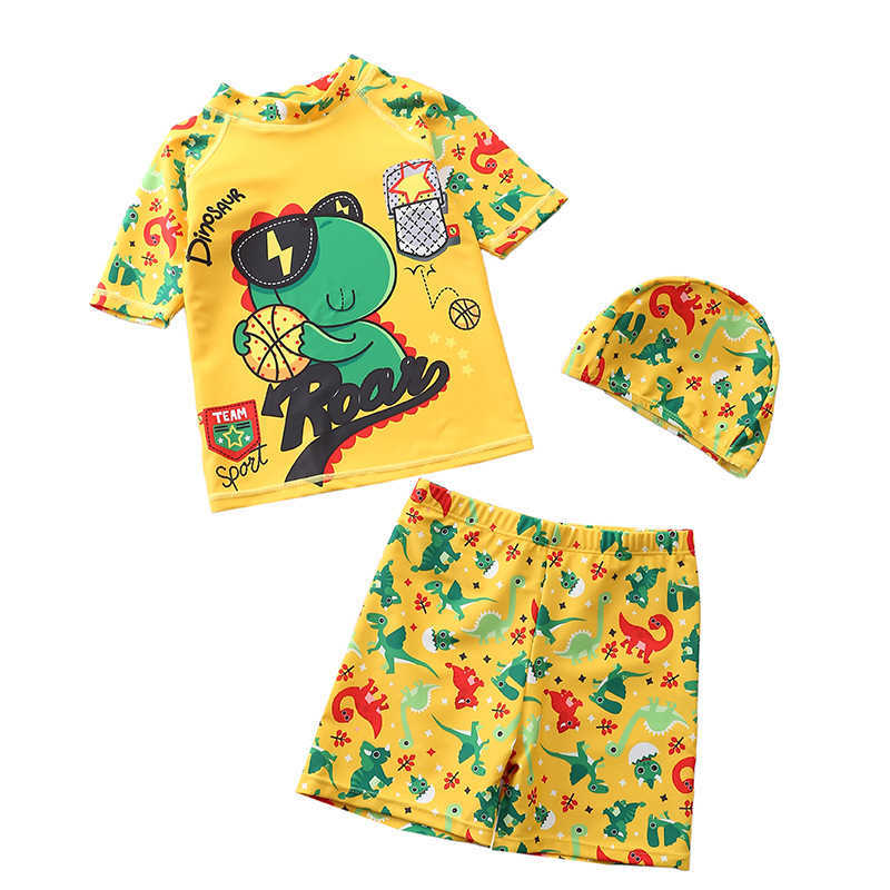 Children's Swimwear 2023 Baby Boy Swimwear met Cap Surf Surf Wear Dinosaur Shark zwempak zwempak peuter kinderen zonnebrandbadbadenpak P230509