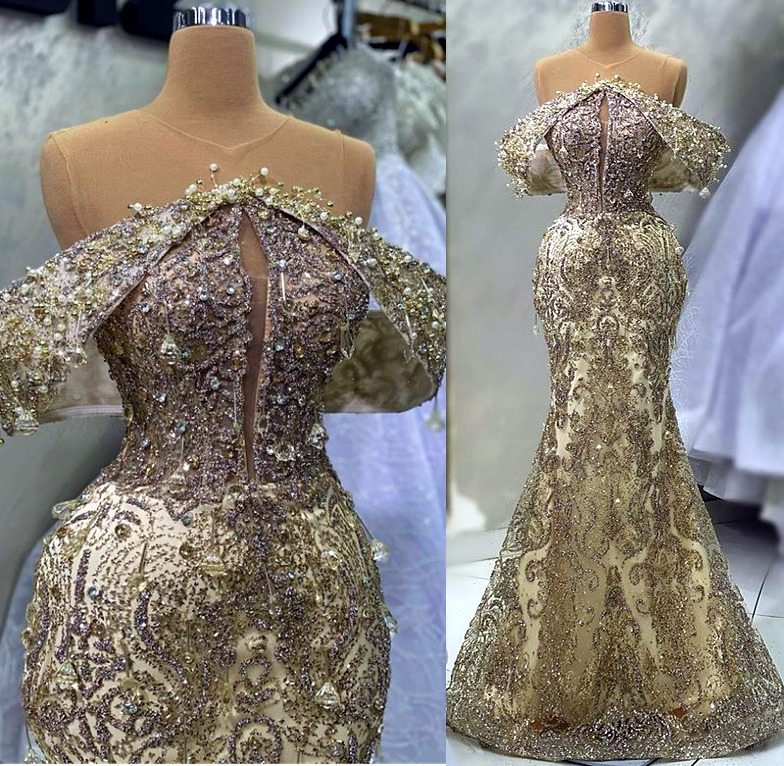 Aso Ebi 2023 Arabe Sirène Or Robe De Bal Perlé Cristaux Sexy Soirée Formelle Partie Deuxième Réception Anniversaire Robes De Fiançailles Robes Robe De Soirée SH012