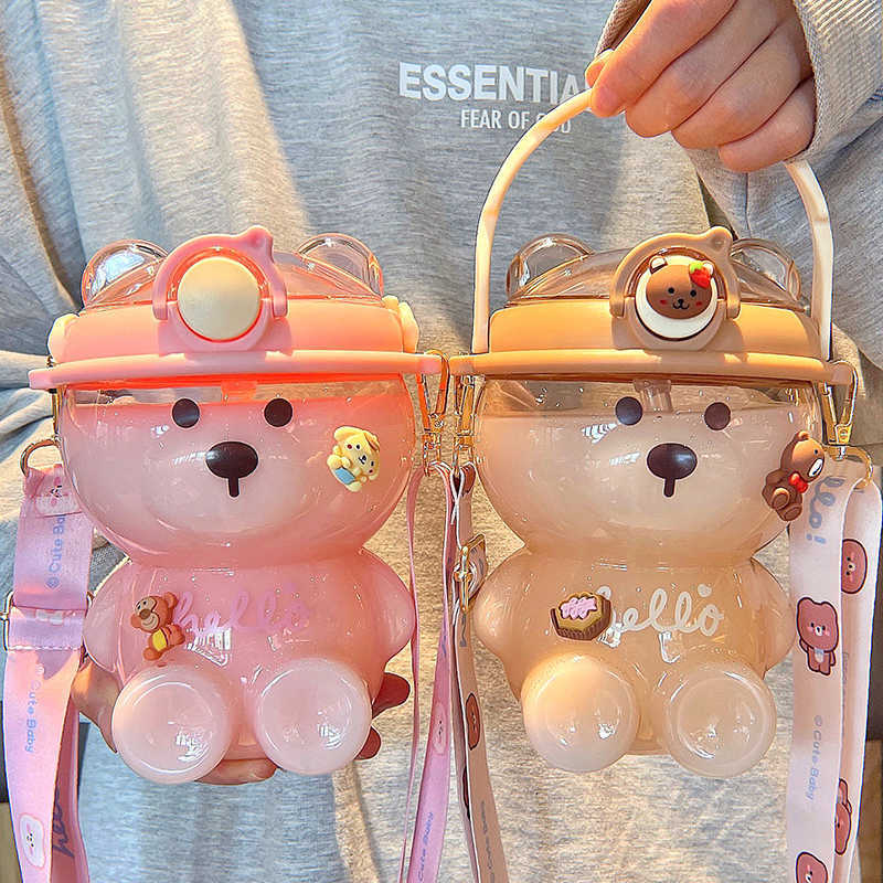 New 1l Bear Water Bottle for Girls Cute Cup with Straw Items Travel Mug Kawaii Kids Tumbler Sport 1 Liter Drink Kettle