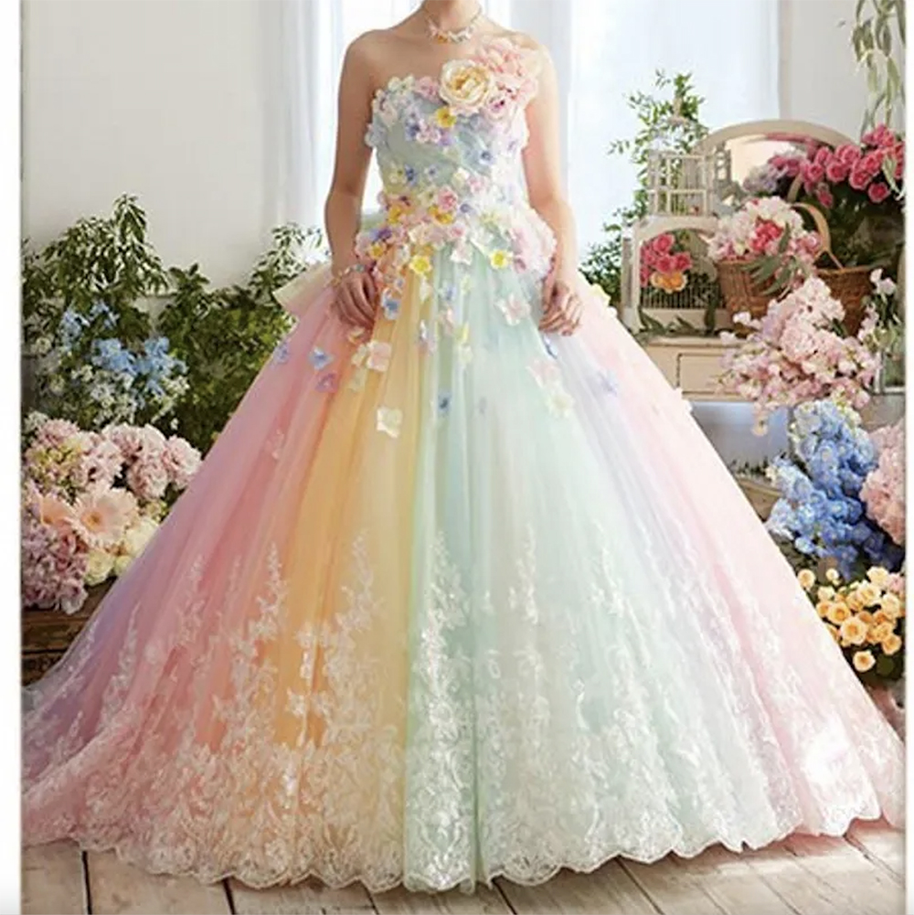 New Pretty Colorful Rainbow Tutu Prom Dresses 3D Flower Lace Puffy Ball Gowns Vestido Formatura Abiye Ruffles Evening Gowns