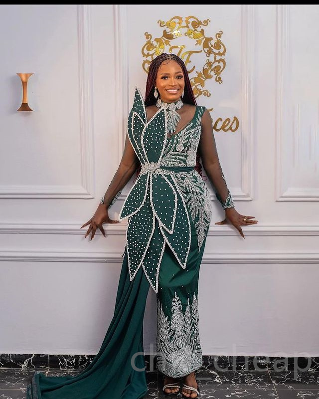 2023 Mai Aso Ebi Perlen Spitze Abendkleid Dunkelgrün Mantel Sexy Abend Formelle Party Zweiter Empfang Geburtstag Verlobungskleider Kleid Robe De Soiree ZJ256