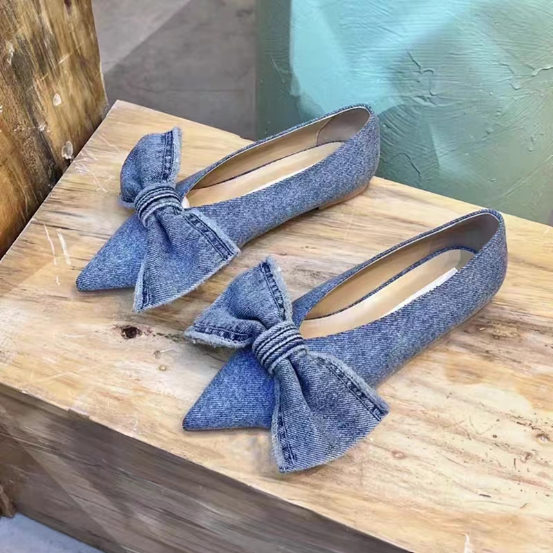 Denim Slip On Single Shoes Women 2023 New Niche Pointed Toe Big Bow Flat Shoes For Women