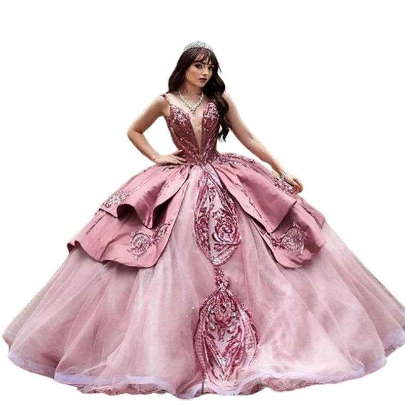 2023 Robes de Quinceanera en or rose robe de bal scintillante bretelles spaghetti paillettes dentelle paillettes appliques grande taille douce 16 fermeture éclair dos formelle fête bal robes de soirée