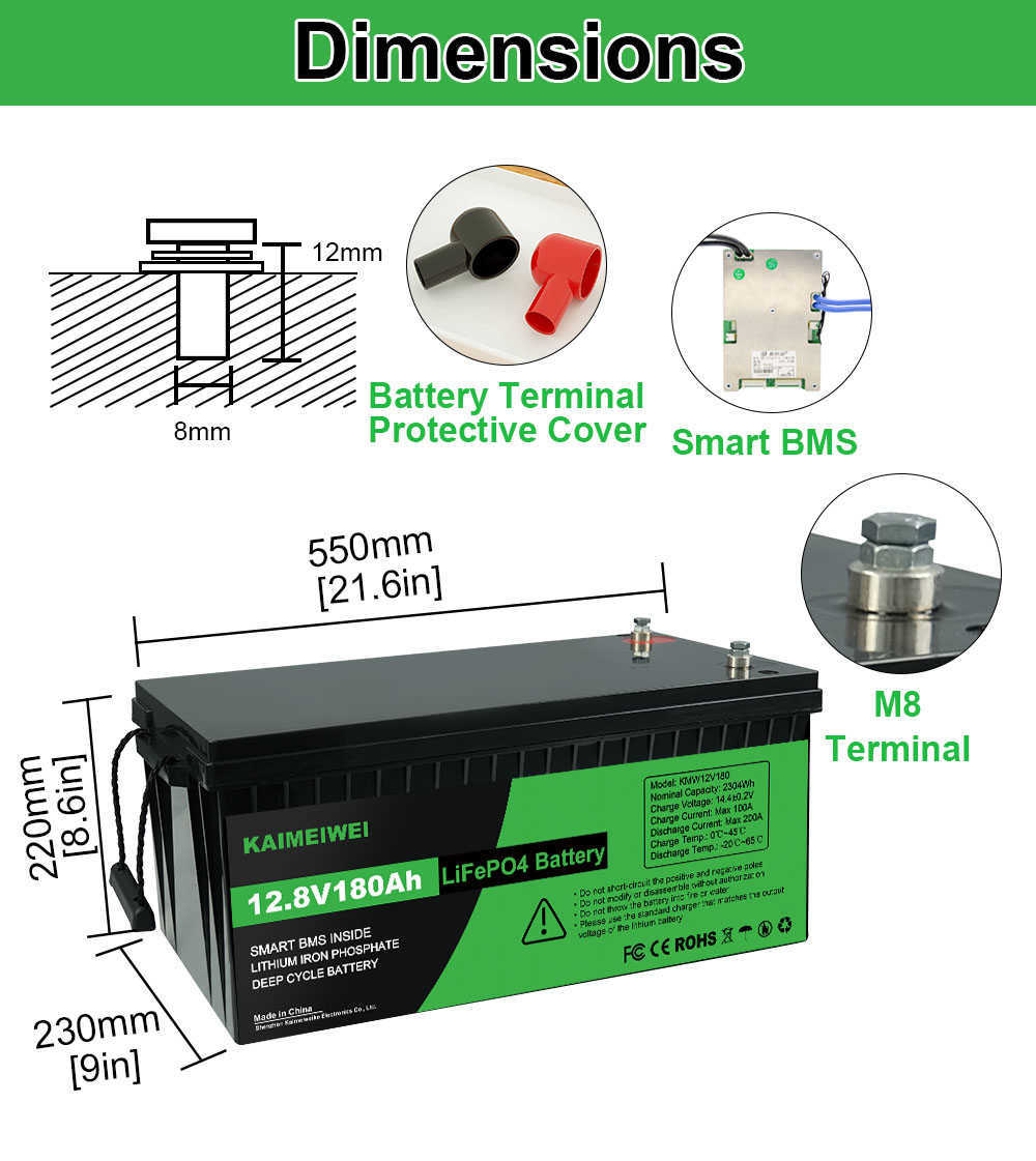 12V 180Ah LiFePO4 Battery Pack Lithium Iron Phosphate Battery Built-in BMS for RV House Trolling Motor Tax Free