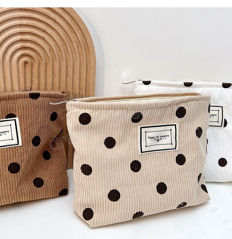 Candy Dot Vintage Cosmetic Bag Women Corduroy Zipper Wash Cases Makeup Storage Bags Travel Toiletries Make Up Bags