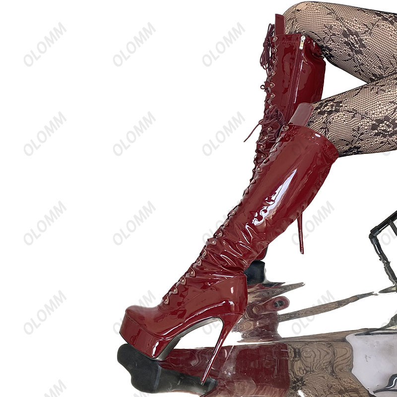 Olomm Neue Frauen Winter Plattform Knie Stiefel Patent Leder Stiletto Heels Runde Kappe Ziemlich Weiß Party Schuhe Plus UNS Größe 5-20