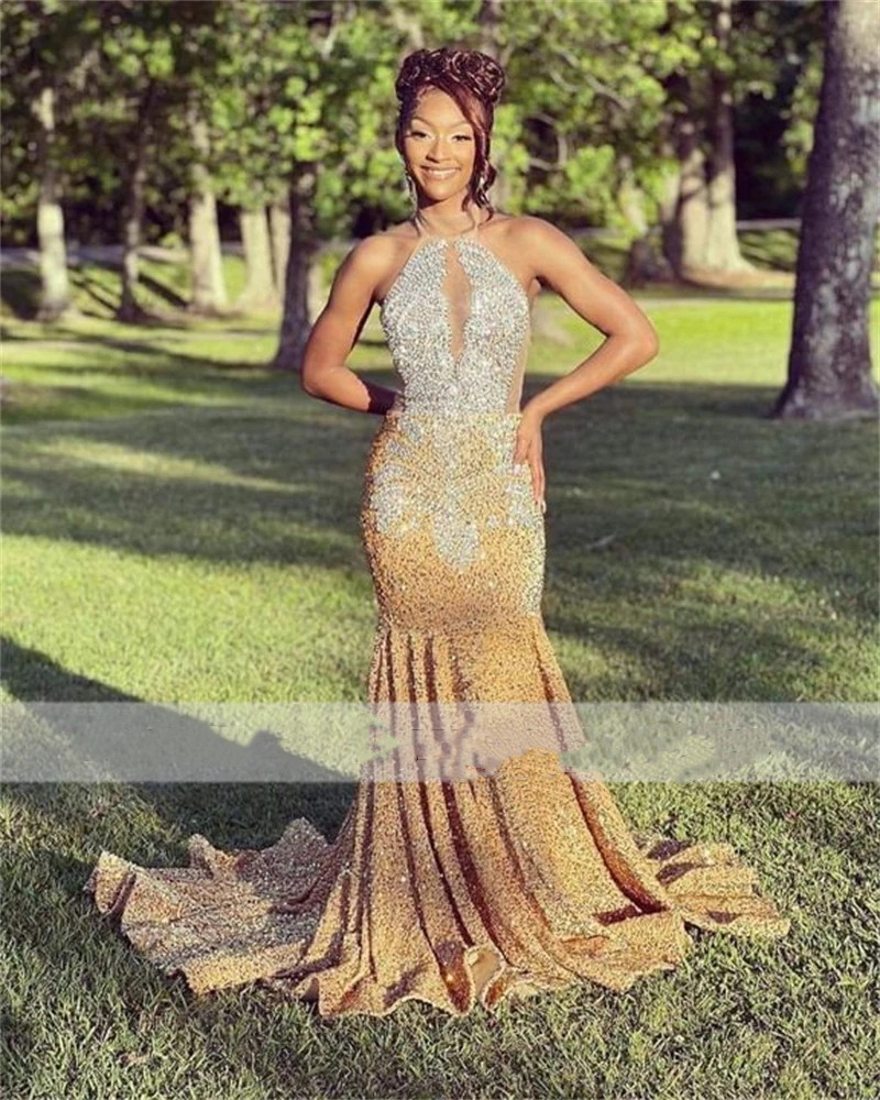 Gold Halter Long Prom Dresses 2023 For Black Girls Beaded Crystal Birthday Party Gown Backless Evening Dresses Robes De Soiree