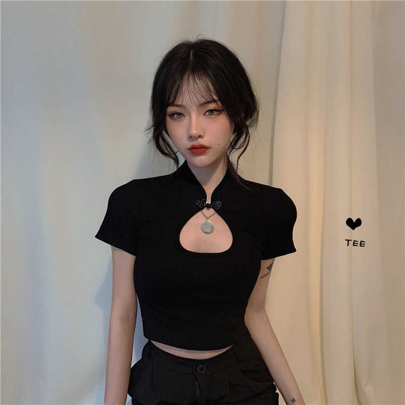 Women's T-Shirt Woman TShirts Slim Fit Chinese Knot Button Top Tight Short Sleeve T-shirt for Women Crop Top Mujer Camisetas P230510