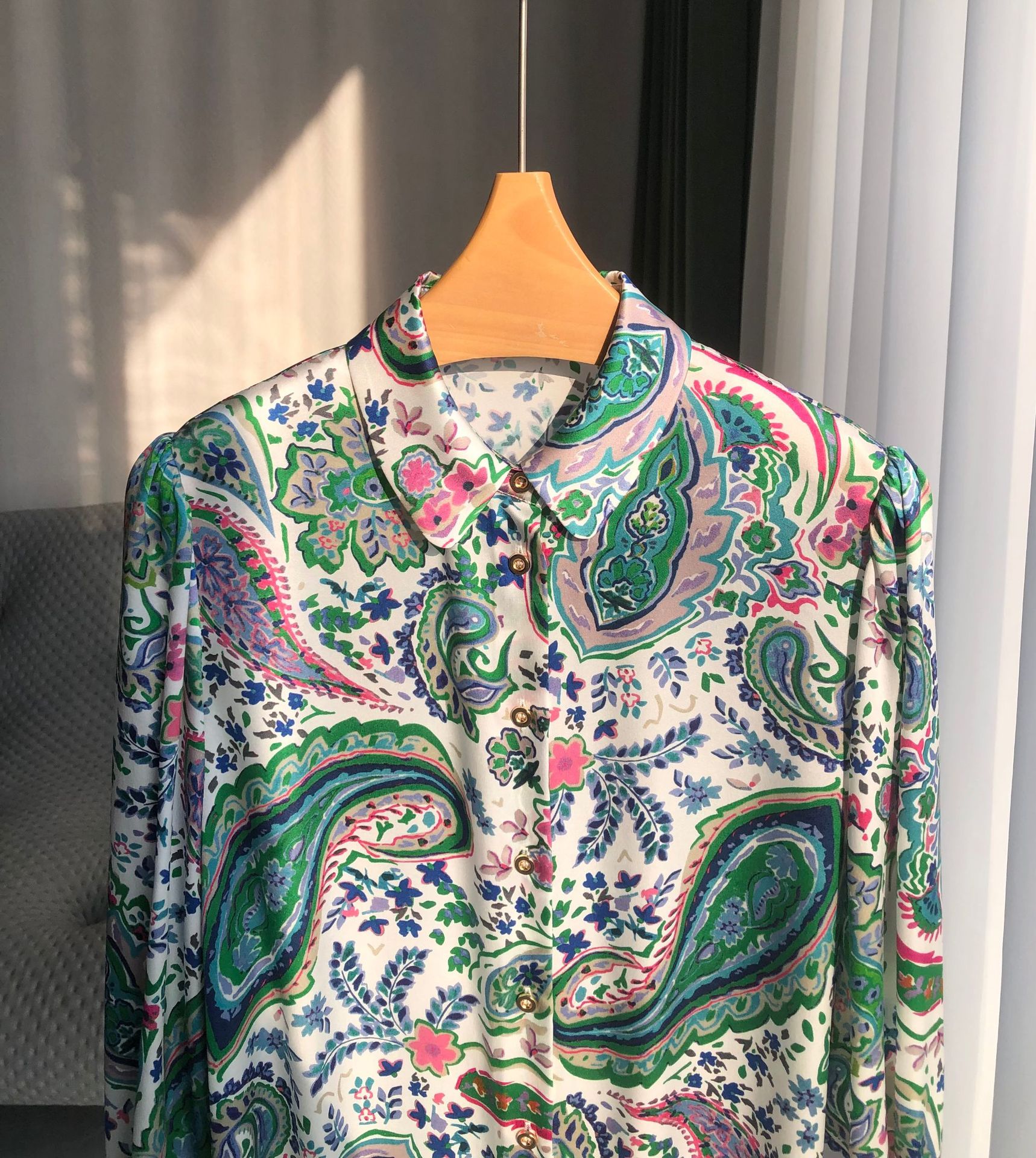 Spring Summer Long Sleeve Lapel Neck Paisley Print 100% Silk Buttons Single-Breasted Blouse Women Fashion Shirt S3W10QXLD