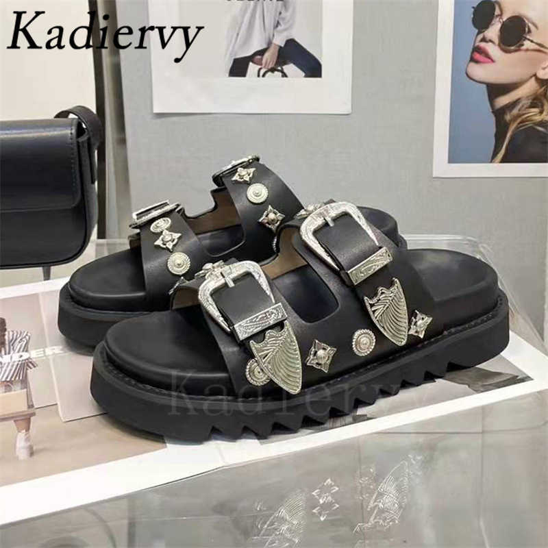 Slippers New Black Thick Sole Slippers Women Genuine Leather Metal Decoration Flat Mules Shoes Woman Summer Slides Modern Slippers Woman Y23
