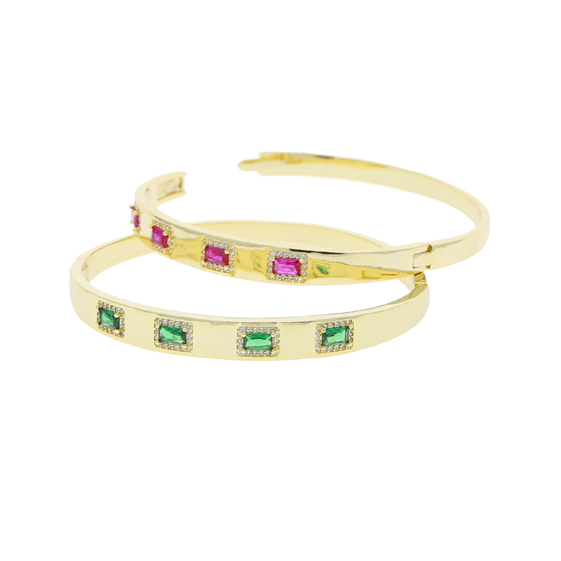 Gold Pleated Rainbow Bracelet for Women Girl Colorful Inlaid Bling Cz Square Crystal Bangle Trendy 60mm Jewelry Gift Engagement