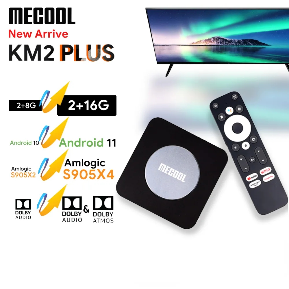 MeCool KM2 Plus Android 11 TV Box Amlogic S905x4 DDR4 2GB 16GB BT5.0 Netfl1x 4K HDR10 2.4G 5GデュアルWiFi 100M LAN OTA SPDIF GO0GLE SMART SET TOP BOX PLAY
