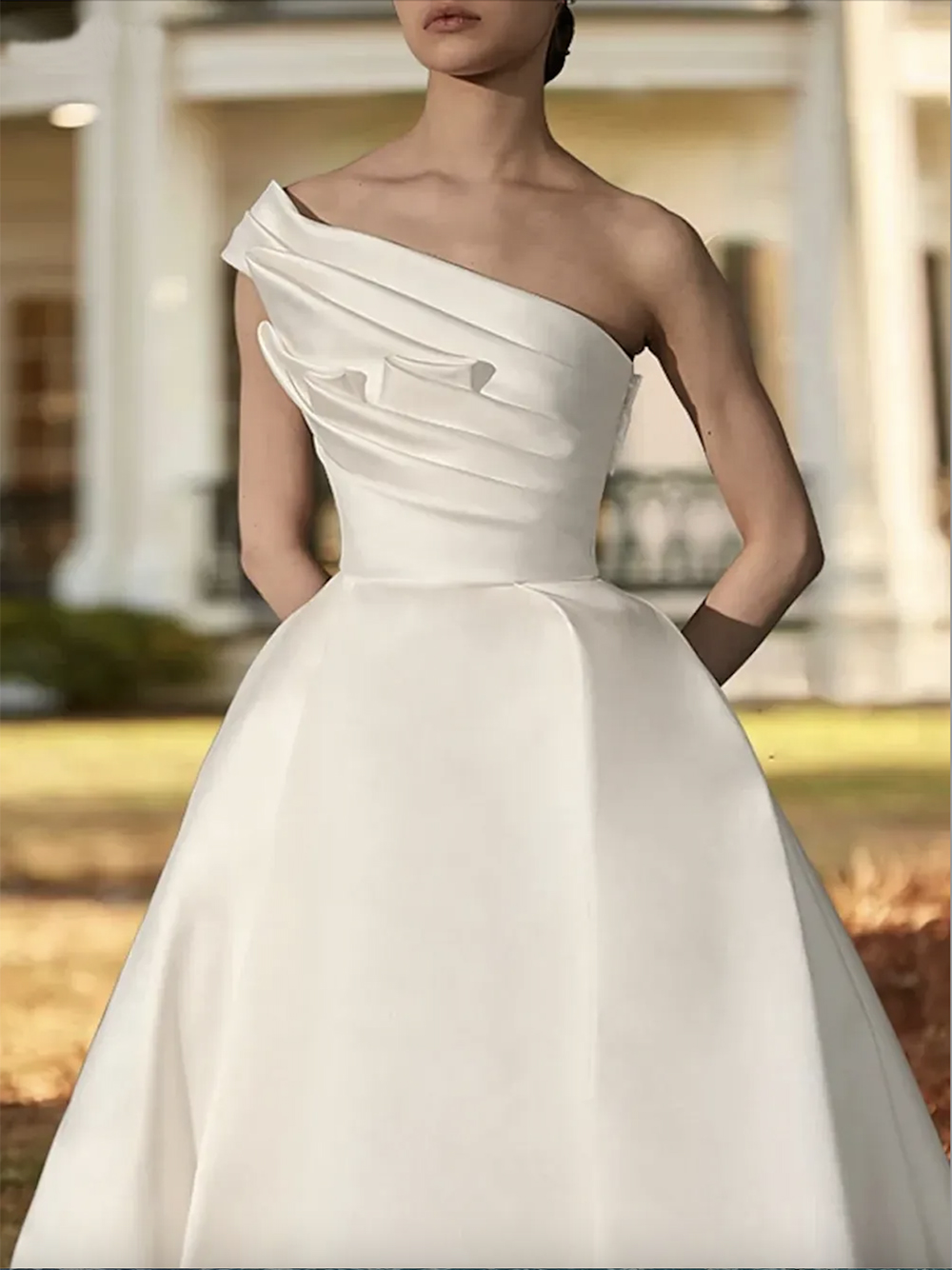 Klassieke One Shoulder Pleats A Line Wedding Dresses Ivory Simple Satin Long Court Train Bruienjurken Boho Minimalistische plus size zwangerschapsfeestreceptie Receptie Receptie