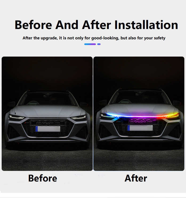 Nya LED -bilhuvlampor RGB Colorful Stripe DRL Dayme Running Lights strålkastare Dekorativ ljus Auto Bar App Remote Control 12V