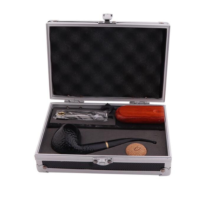 Solid Black Wood Ebony Hand Tobacco Cigarette Smoking Pipe Set With Cleaner Knife Filter Case Mesh Gift Box Tool Accessories