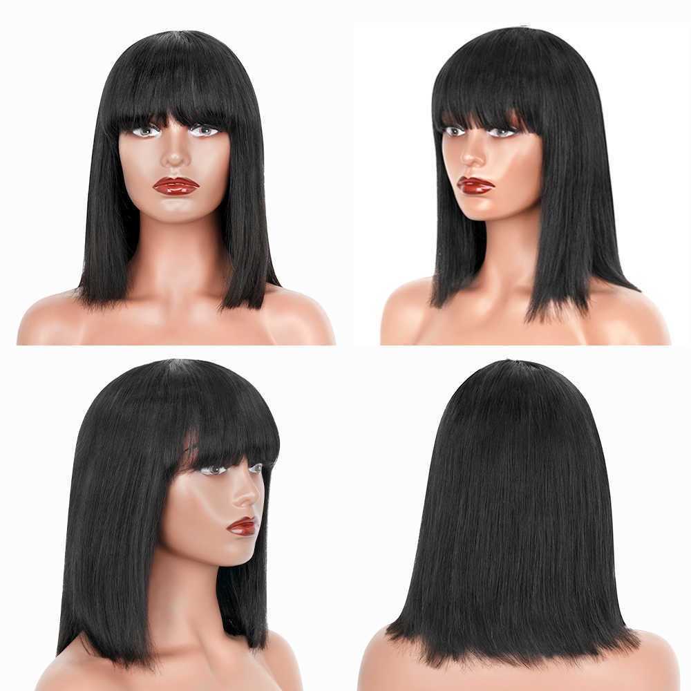 Perruques de cheveux droites Bob humain avec Bang Full Machine Made Remy brésilien pour femme noire 12 14 pouces 230510