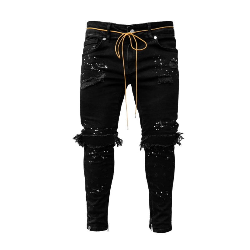 Neue hochwertige Männer Repair Denim Designer Jeans Body Ripped Pennies Washed Street Pocket Zipper Men Paint Sports Jean für Männer