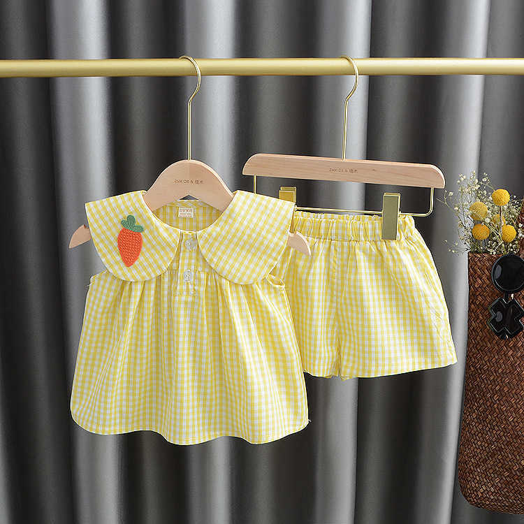 Conjuntos de ropa de verano para niñas, ropa bonita de algodón con frutas a cuadros, dulce princesa, traje de 2 uds., Vestidos para niños