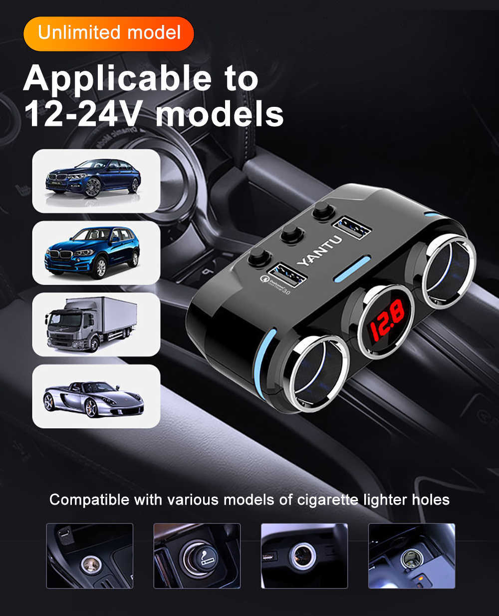 Tomada de isqueiro de carro 12V-24V plugue desviador LED carro adaptador de carregador USB 3.1A 100W detecção de tensão celular MP3