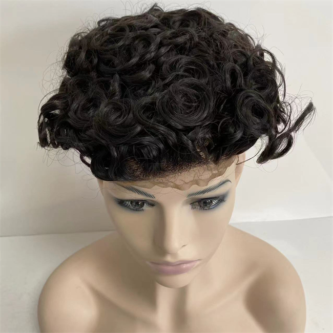 Mongolian Virgin Human Hair Replacement 19mm Loose Curl #1B Bleached Knots Short Hair Full Lace Toupee for White Woman